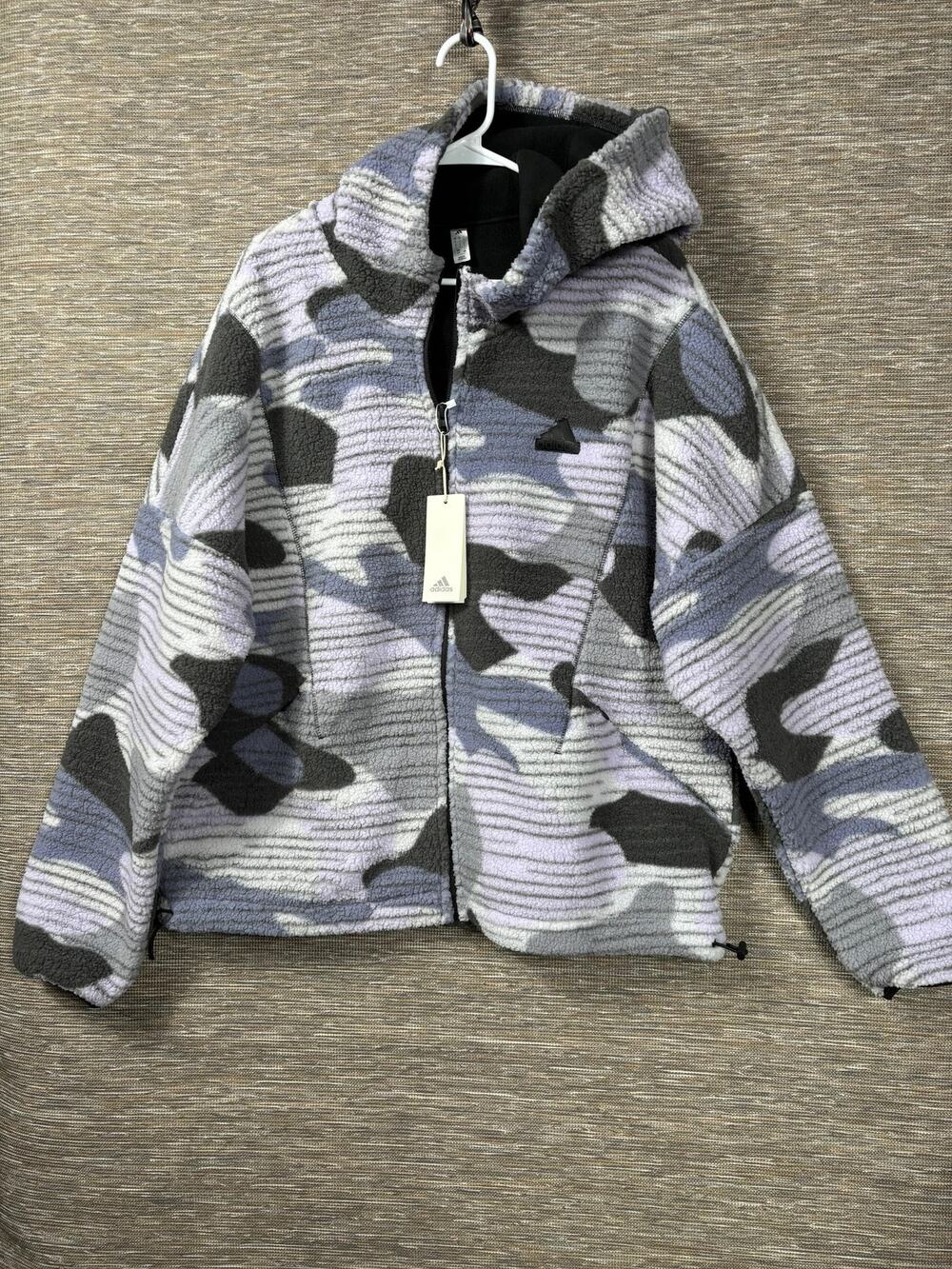 Adidas Track Jacket Mens Large Gray Camo Hooded Full Zip Pile Fleece JM1260